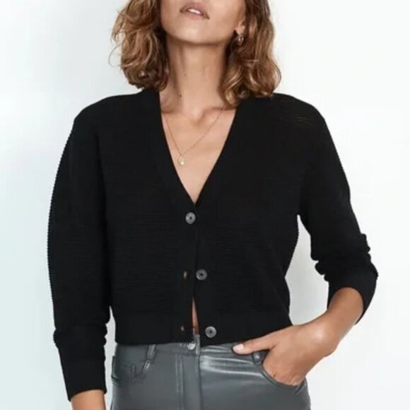 Aritzia Wilfred Light Cropped Cardigan Sweater Black Linen Blend Small - Picture 1 of 11